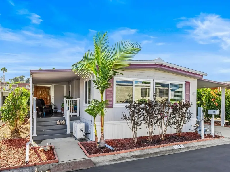 Front of the manufactured home at 1010 E Bobier Dr, Space 192, in Vista, CA.